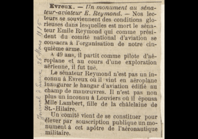 Article du « Journal d'Évreux » du 26 mars 1915 relatant la souscription publique à la gloire du sénateur Reymond dans « Recueil de la Société Civile d'aviation d'Évreux »
