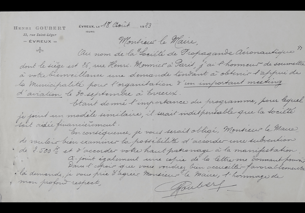 Correspondance d'Henri Goubert à Léon Oursel, maire d'Évreux le 18 août 1923