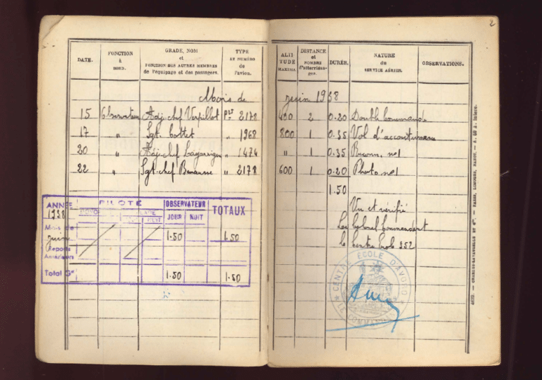La base aérienne 105 a acquis dernièrement, les carnets de vol du Commandant Jules Viot. Le carnet de vol n°1 vous est ici présenté (du 15 juin 1938 au 1er mai 1941)