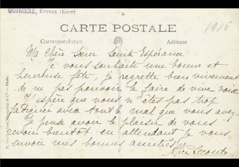 Carte postale adressée à Sœur Sainte Espérance, surveillante générale de l’hôpital auxiliaire n° 12 pendant la première guerre mondiale
