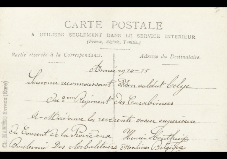 Carte postale adressée à Sœur Sainte Espérance, surveillante générale de l’hôpital auxiliaire n° 12 pendant la première guerre mondiale