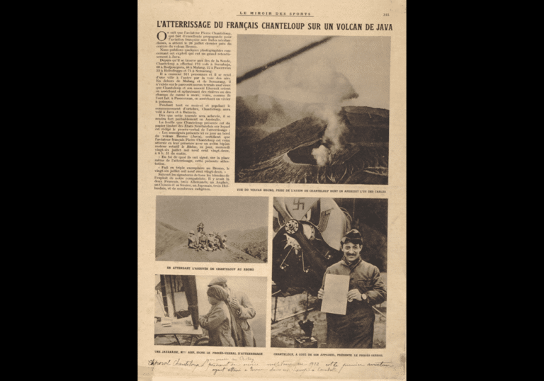 Article du « Journal des Sports » relatant l'atterissage de Pierre Chanteloup en avion biplan sur le volcan de Bromo à Java le 26 juillet 1922 dans « Recueil de la Société Civile d’aviation d’Évreux »