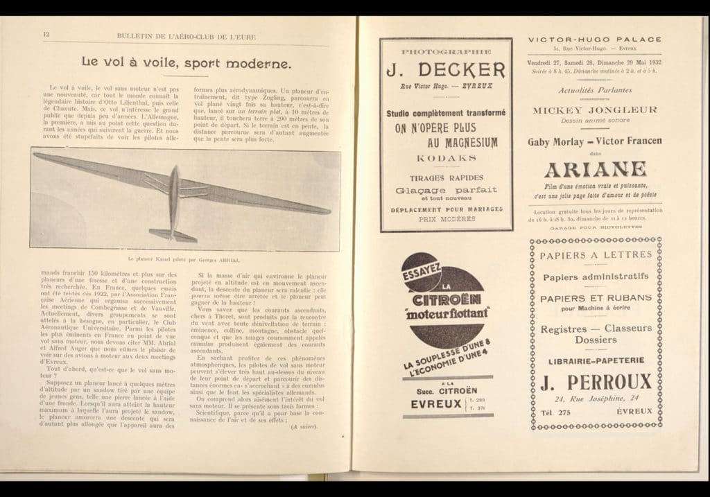 Extraits du Bulletin n°1 de l'ACE (1932) expliquant le vol à voile dans « Recueil de la Société Civile d'aviation d'Évreux »