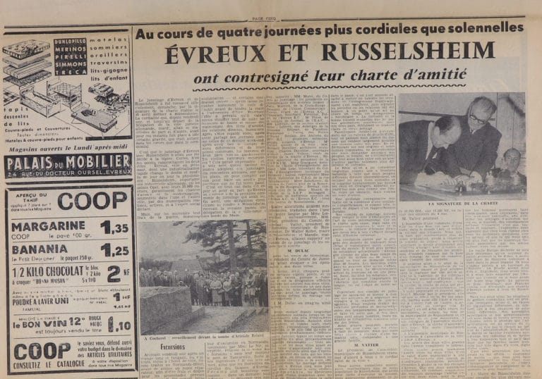 Article de presse locale à l'occasion de la signature de la charte de jumelage (1961)